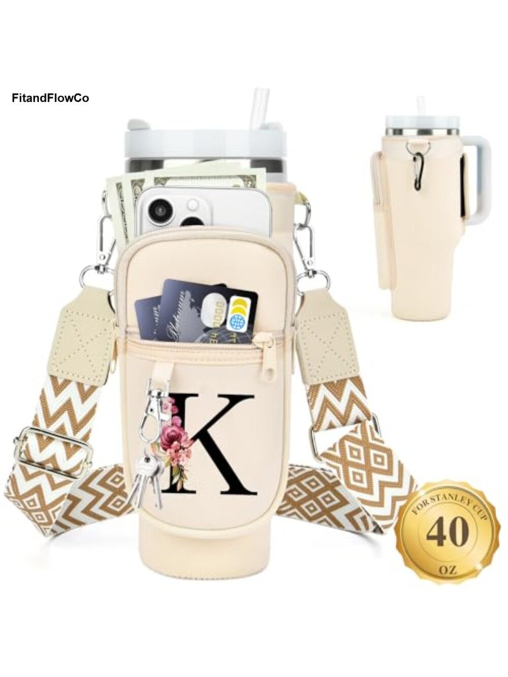 Personalized Initial Water Bottle Holder Crossbody Carrier Neoprene Phone